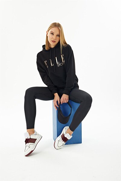 ELLE Sport Siyah Yaldızlı Cepli Kadın Kapüşonlu Sweatshirt