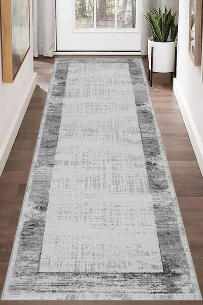 SÜNGERSAN Anthracite Modern Runner - Antique Patterned, Gray Framed, Washable Carpet