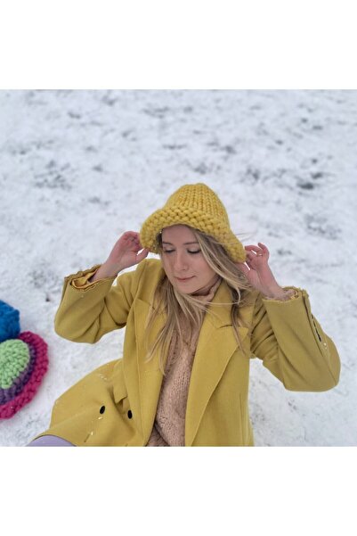 Flux Design Factory El Örgüsü Merino Sarı Bucket Kadın Şapkası