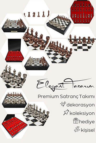 Cooper Chess 36cm Ahşap Kutulu Elagant Metal Klasik Satranç takımı | Siyah Mermer Desenli Kutu, Bronz Gümüş Figür
