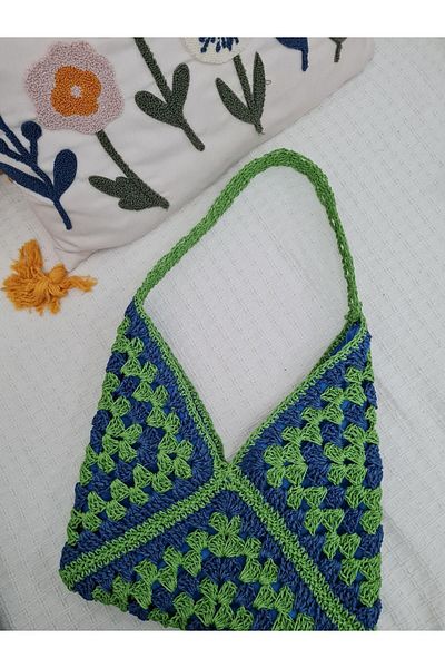 Verda Desing Paie Verde Albastru Plic Model Geanta de mana Tricotata Manual