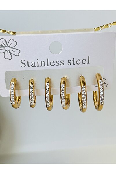 KOALA COMPANY ÜÇLÜ SET ÇELİK GOLD RENK ZİRCON TAŞLI HALKA KÜPE 12 MM - 15 MM ...