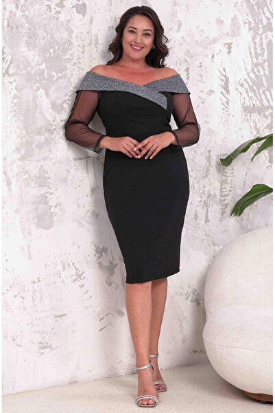 FOR ESRA BIG TREND Flexible Woven Midi Evening Dress - Off-The-Shoulder, Silv...