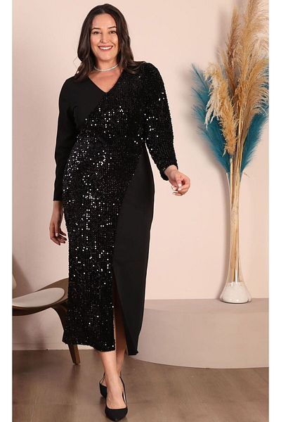 For Big Trend Women's Large Size Double Breasted Collar Sequined Blocked Front Slit Flexible Maxi Evening Dress