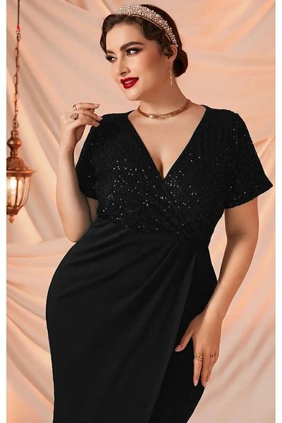 FOR ESRA BIG TREND Γυναικείο βραδινό φόρεμα με διπλό στήθος γιακά με παγιέτα με κοντό μανίκι με σχισμή μπροστά