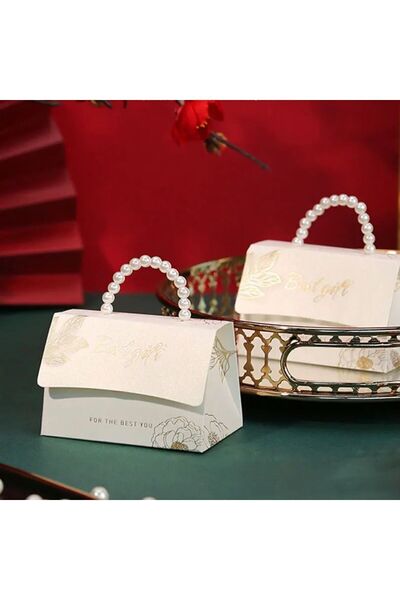 Kutumania Best Gift Yazılı Şampanya Rengi İncili Çanta Şeklinde Şeker, Çikola...