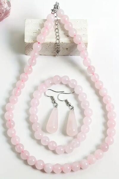 NehirTaş Certified Original Natural Pink Quartz Necklace Bracelet Earring Set
