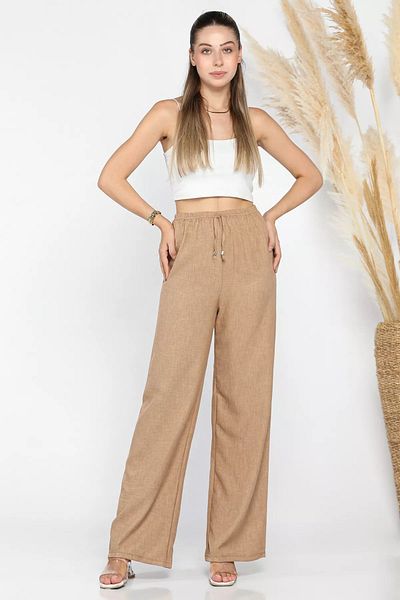 GÜLSELİ Γυναικείο παντελόνι Camel με φαρδύ πόδι ελαστική μέση