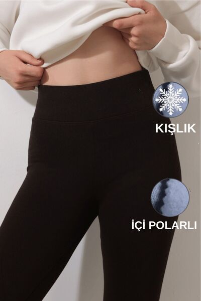 Warasiva Kadın Kahverengi Kışlık İçi Polarlı Yüksek Bel Toparlayıcı Korseli İnterlok Çelik Örme Tayt