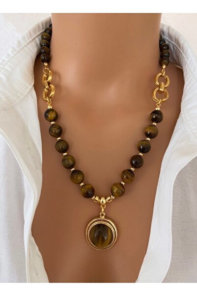 TARZ-I TAKI Doğal Taş Kahve Kaplan Gözü 10 Mm Altın Kaplama Çerçeve Içinde Gerçek Taş Uç Özel Kadın Kolye