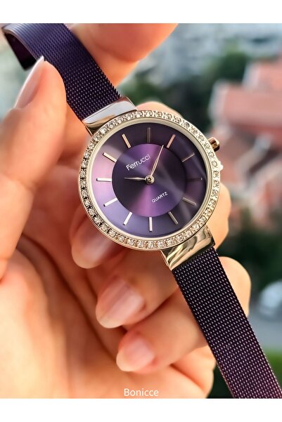 Ferrucci Marka Çelik Kordon Mor Renk Kadın Kol Saati + Nazar Boncuklu Bileklik