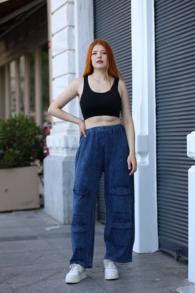 AYASOFYA OTANTIK Navy Blue Women's Knitwear Trousers - Pocket Detailed and Loose Cotton