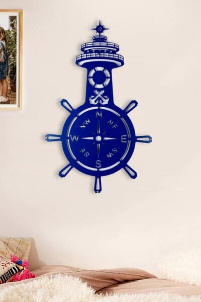 RARART Mavi Deniz Feneri Pusula Metal Tablo - Gemi Dümeni Dekoratif Pano - Timon