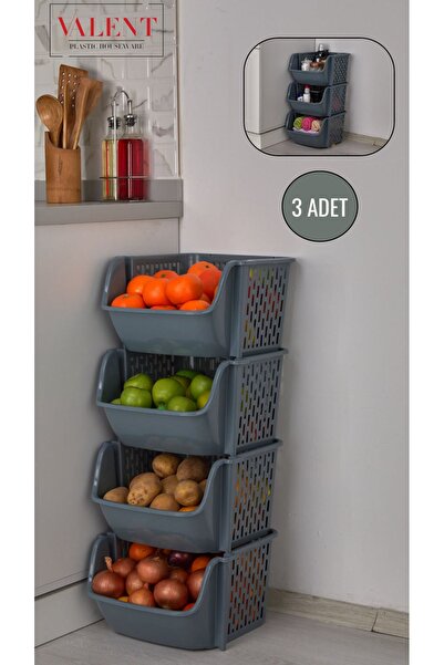 VALENT 3 Katlı Patates & Soğanlık, Katlı Sebzelik, Büyük Düzenleyici, Oyuncak Sepeti, Banyo Organizeri GRİ