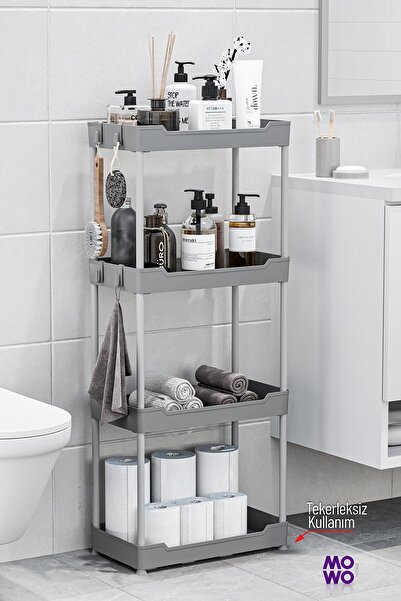 Mowo Home Mowo 4 Katlı Gri Tekerlekli Banyo Rafı, Mutfak Rafı, Havluluk, Deterjanlık Makyaj Organizer Vesken