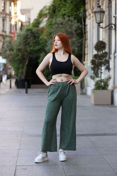 AYASOFYA OTANTIK Khaki Women's Knitwear Trousers - Pocket Detailed, Wide Leg, Loose Cotton