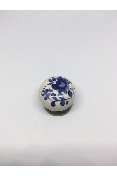 Esal Porselen Düğme Kulp Mavi Gül Desen