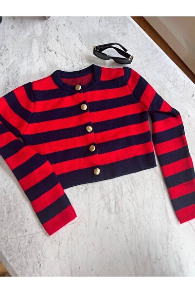 Bolesa Suadiye Red Navy Blue Striped Short Cardigan