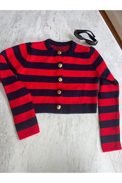 Bolesa Suadiye Red Navy Blue Striped Short Cardigan