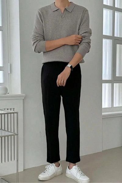 VİP LOKAL Men's Polo Neck Gray Slim Fit Ribbed Knitwear