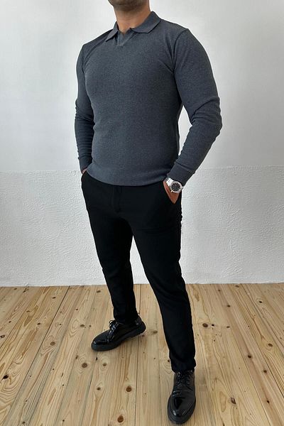 VİP LOKAL Polo Neck Slim Fit Anthracite Knitwear Sweater