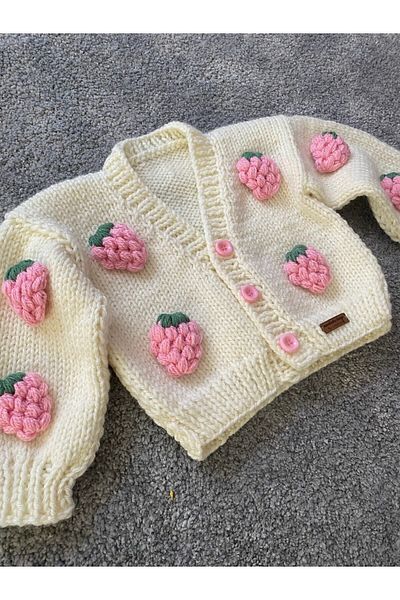 NEVALİN Hand Knitted Strawberry Detailed Girl's Cardigan