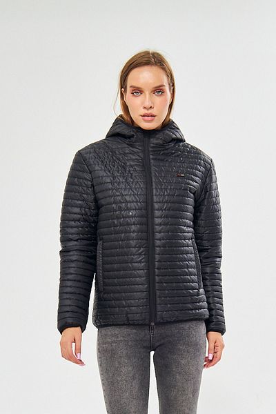 D1fference Schwarzer, gefütterter, winddichter Mantel mit Kapuze und Tasche für Damen