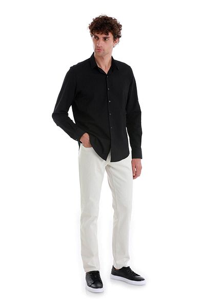 Hatemoğlu Μαύρο Comfort Fit Μασίφ 100% βαμβακερό μακρυμάνικο αθλητικό πουκάμισο με λεπτή λαιμόκοψη