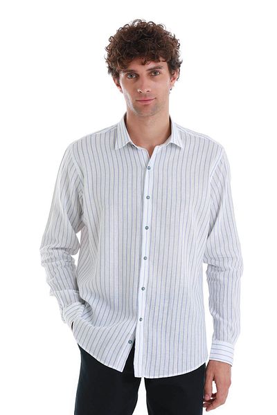 Hatemoğlu Μπλε Comfort Fit ριγέ μακρυμάνικο λινό πουκάμισο με λεπτή λαιμόκοψη