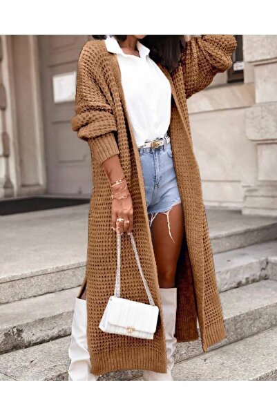 CARPİANNA Yırtmaçlı Camel Uzun Hırka