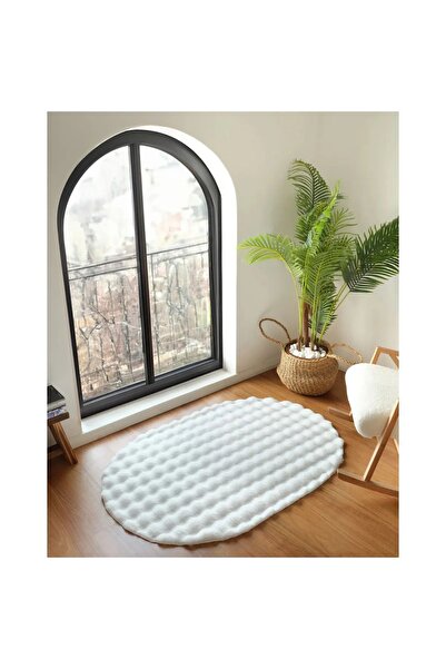 Halımax Ekstra Yumuşak Dokulu Kilim Beyaz Bubble Tavşan Tüyü Darcio Oval Post Peluş Halı