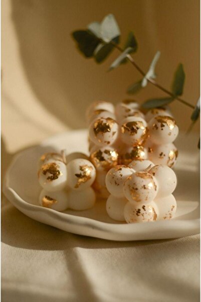 SCA CANDLE Dekoratif Açık Krem Altın Parçaları Rubik Bubble Mum