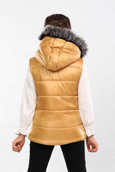 Go Veform Mustard Fur Hooded Children's Puffer Vest - Avm07273