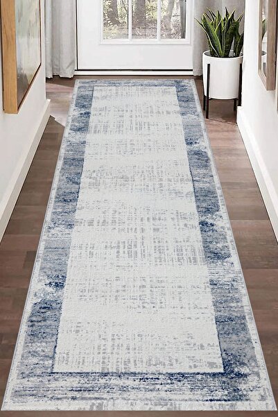 SÜNGERSAN Blue Antique Patterned Modern Runner - Framed and Washable Carpet