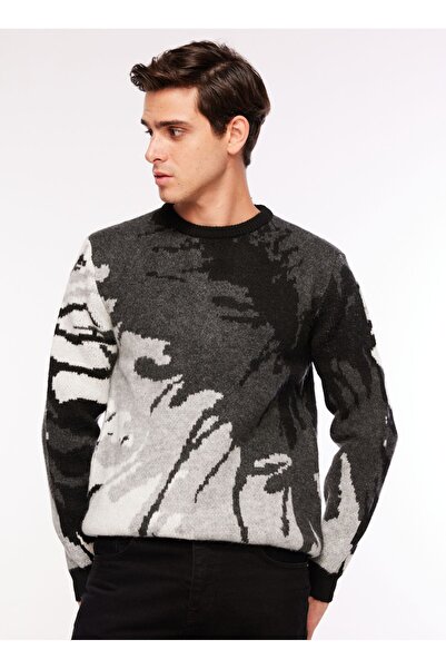 Fabrika Bisiklet Yaka Relaxed Jakarlı Siyah Erkek Kazak F3WM-KZK150