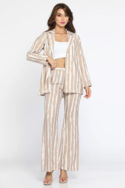 GÜLSELİ Beige and Zebra Patterned Women's Double Suit - Jacket and Trousers