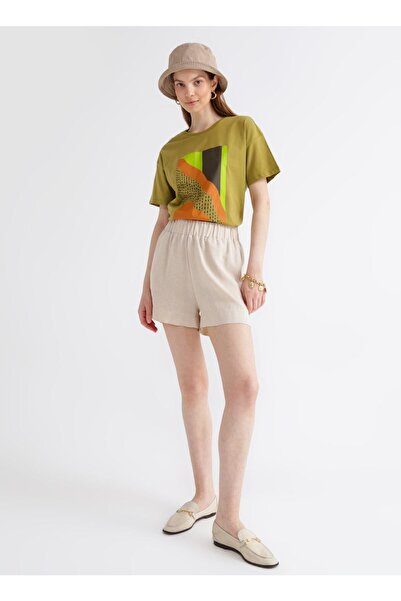 Fabrika Bej Kadın Lastikli Basic Keten Şort FRANKI