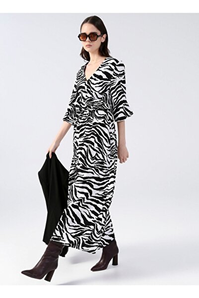 Fabrika V Yaka Desenli Maksi Siyah - Beyaz Kadın Elbise Begonvıl