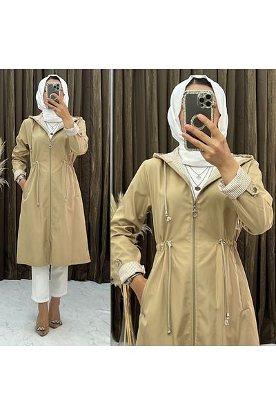 new ats New Season Hooded Waist Corded Zippered Trench Coat