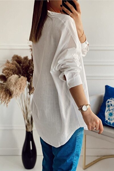 Cream&Rouge Women's Ecru White Large Pocket Oversize Fit Trend Linen Shirt