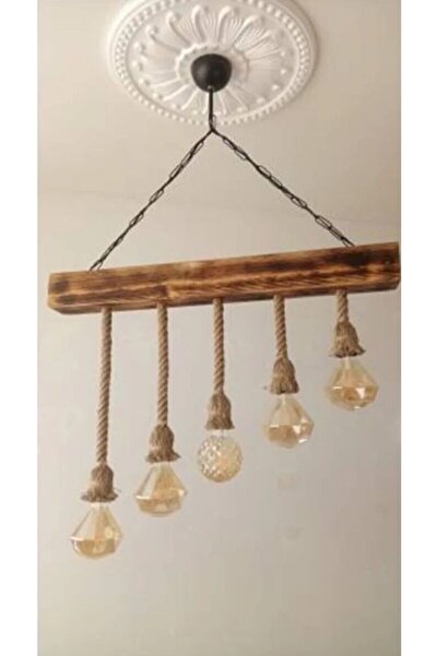 Özcan Life , Retro 5 Lambalı Dekoratif Ahşap Sarkıt Aydınlatma