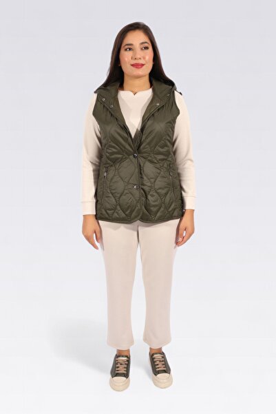 TOLGA SARAÇOĞLU 70017 ХАКИ КАПЮШОННА КАПІТОННА ЖИЛЕТКА