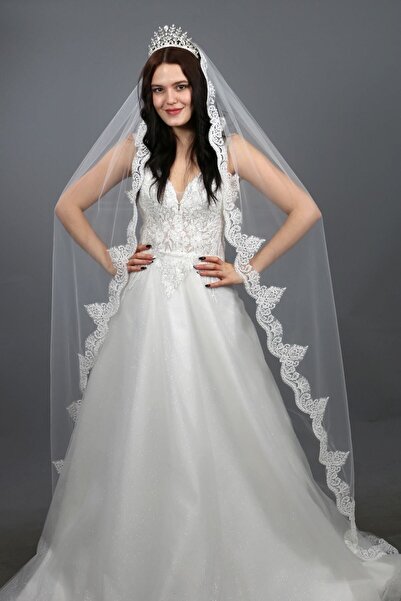 paris in paris Voal de mireasă lung de 230 cm alb albăstru - brodat cu paiete