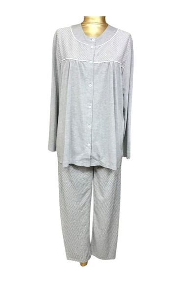 NENA COLLECTION Front Open Collarless Long Sleeve Pajamas -24078-grey