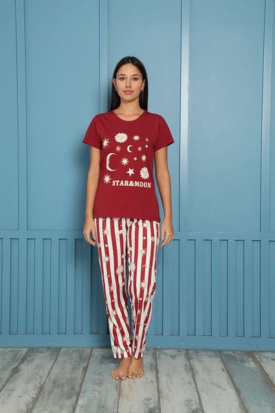 Akbeniz Women's Short Sleeve Combed Cotton Pajama Set - 100% Cotton 3448