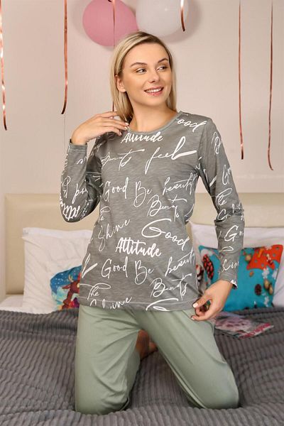 Akbeniz Set de pijamale cu mânecă lungă din bumbac pieptănat 4206