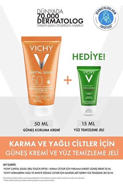Vichy Karma ve Yağlı Ciltler için Cilt Bakım Seti: Capital Soleil Güneş Kremi& Normaderm Yüz Temizleme Jel