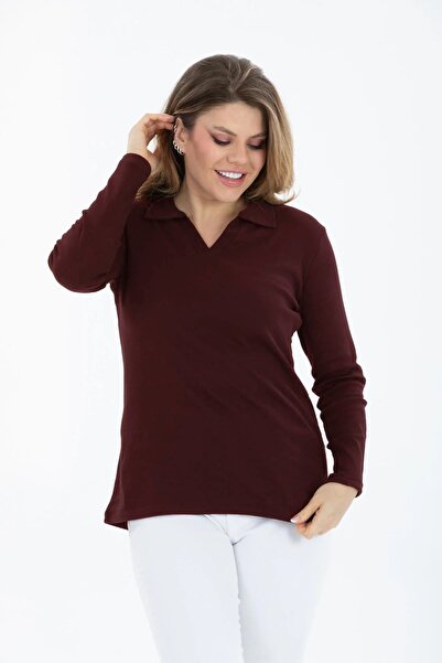 BANEGA بالإضافة إلى حجم منحنى الخامس الرقبة ليكرا القطن كم طويل بلوزة بورجوندي