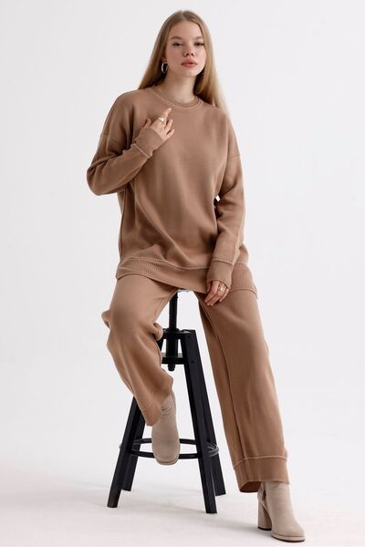 MD trend Women's Oversize Knitwear Set - Stripe Detailed Sweater and Slit Trousers