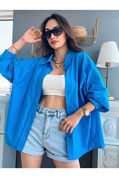 Fast Perry Cămașă oversize cu umăr liber Albastru